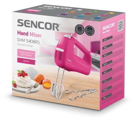 Sencor Міксер ручний, 200Вт, насадки -2, турборежим, 5 швидкостей, рожевий SHM5408RS фото