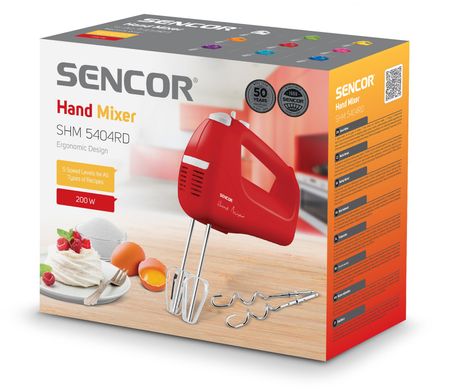 Sencor Міксер ручний, 200Вт, насадки -2, турборежим, 5 швидкостей, червоний SHM5404RD фото