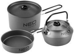 Набір посуду туристичного Neo Tools, 3в1, чайник, каструля, сковорода, складні ручки, сертифікат LFGB, 0.616кг 63-145 фото