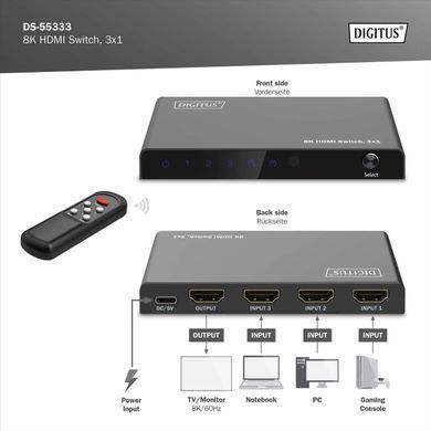 Digitus 3x1 HDMI Switch, 8K/60Hz (4:4:4), HDR, HDCP 2.3 DS-55333 фото