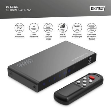 Digitus 3x1 HDMI Switch, 8K/60Hz (4:4:4), HDR, HDCP 2.3 DS-55333 фото