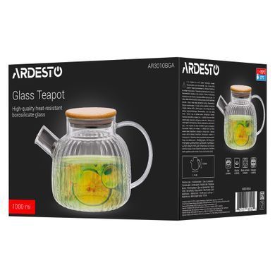 ARDESTO Tea pot Iceberg 1000ml, borosilicate glass, bamboo, transparent