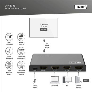 Digitus 3x1 HDMI Switch, 8K/60Hz (4:4:4), HDR, HDCP 2.3 DS-55333 фото