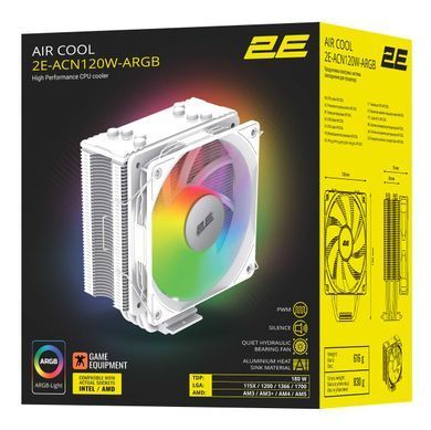 2E Gaming Процесорний кулер Air Cool ACN120W-ARGB, LGA1700, 1200, 115x, 1366, AM5, AM4, AM3, AM3+, AM2 ,AM2+, FM2, FM1 4pin PWM, 3pin +5VARGB, TDP 180W 2E-ACN120W-ARGB фото