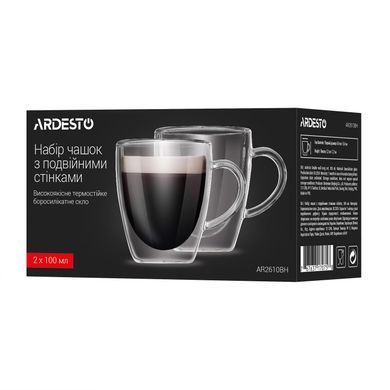 ARDESTO Набор чашек с ручками и двойными стенками, 100мл, 2шт, боросиликатное стекло, прозрачный AR2610BH фото