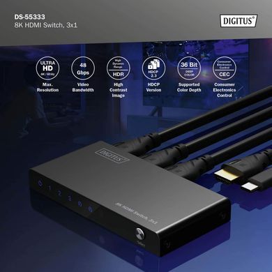 Digitus 3x1 HDMI Switch, 8K/60Hz (4:4:4), HDR, HDCP 2.3 DS-55333 фото