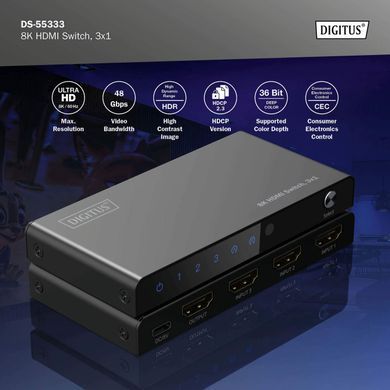 Digitus 3x1 HDMI Switch, 8K/60Hz (4:4:4), HDR, HDCP 2.3 DS-55333 фото