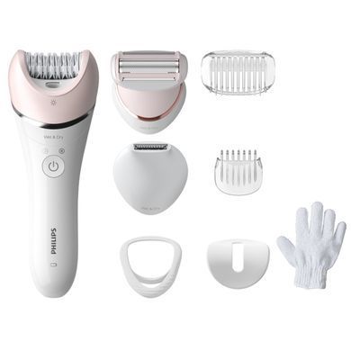 Philips Эпилятор 8000 series дисковый, аккумуляторный, пинцет.-32, влаж.+сух., с подсветкой, насадок-6, бело-розовый BRE721/00 фото