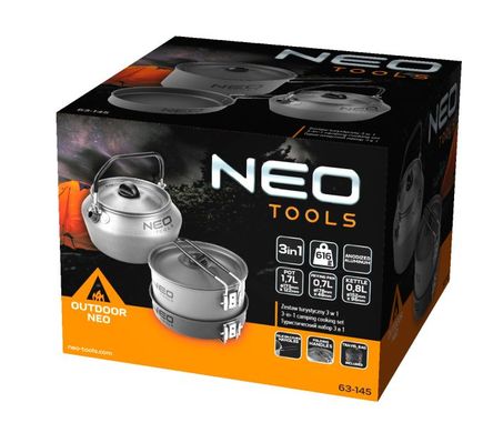 Набір посуду туристичного Neo Tools, 3в1, чайник, каструля, сковорода, складні ручки, сертифікат LFGB, 0.616кг 63-145 фото