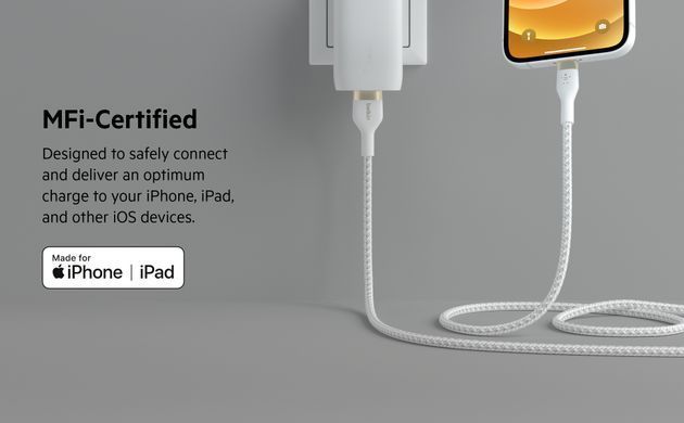 Belkin Кабель USB-A - Lightning плетений, силіконовий, з ремінцем на магніті, 1м, білий CAA010BT1MWH фото