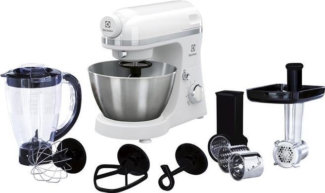 Кухонная машина Electrolux, 800Вт, чаша-металл, корпус-пластик, насадок-9, белый EKM3710 фото
