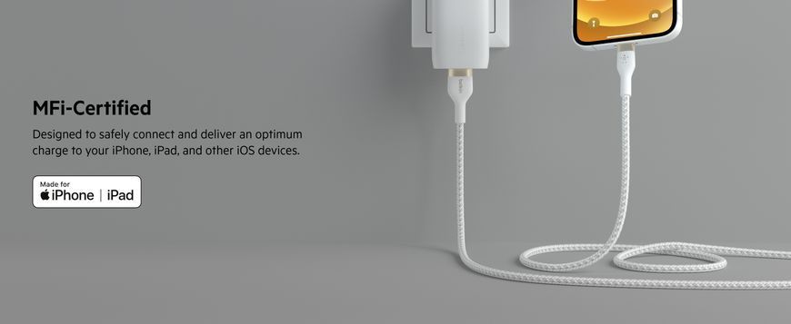 Belkin Кабель USB-A - Lightning плетений, силіконовий, з ремінцем на магніті, 1м, білий CAA010BT1MWH фото