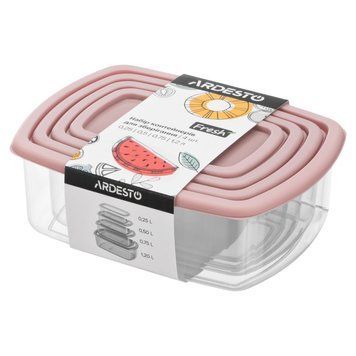 ARDESTO Набір контейнерів для зберігання харчових продуктів ARDESTO Fresh 0.25/0.5/0.75/1.2л, пластик, прямокутна, рожевий AR1312P фото