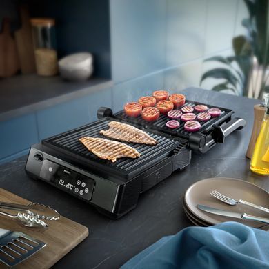 Philips Гриль прижимной Series 7000, 2200Вт, съёмные пластины + термощуп, раскрытие на 180&deg;, металл, черный HD6307/70 фото