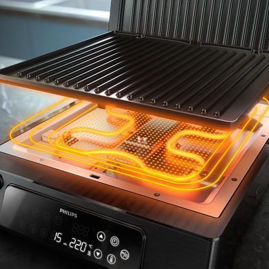 Philips Гриль прижимной Series 7000, 2200Вт, съёмные пластины + термощуп, раскрытие на 180&deg;, металл, черный HD6307/70 фото