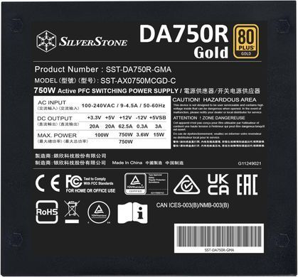 SilverStone Блок живлення Decathlon (750W), >90%, 80+ Gold, 120мм, 1xMB, 24pin(20+4), 2xCPU 8pin(4+4), 4xMolex, 8xSATA, 4xPCIe 8pin(6+2), 1 x 12V-2x6, Fully modular SST-DA750R-GMA фото