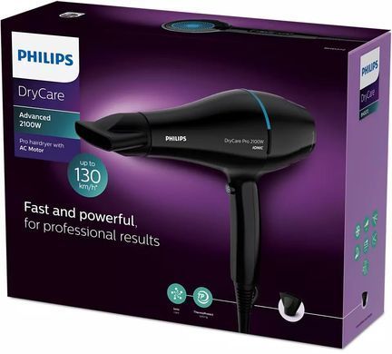 Philips Фен DryCare, 2100Вт, 4 режими, іоніз-я, хол. обдув, чорний BHD272/00 фото