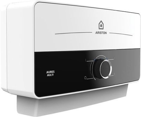 Ariston Водонагрівач електр. проточний AURES SM 7.7, 4,4л.хв, 7,7кВт, горизонтальний монтаж, мех. кер-ння, A, В'єтнам, біло-чорний