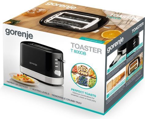 Gorenje Тостер 850Вт, підігрів, розморожування, пластик, чорний