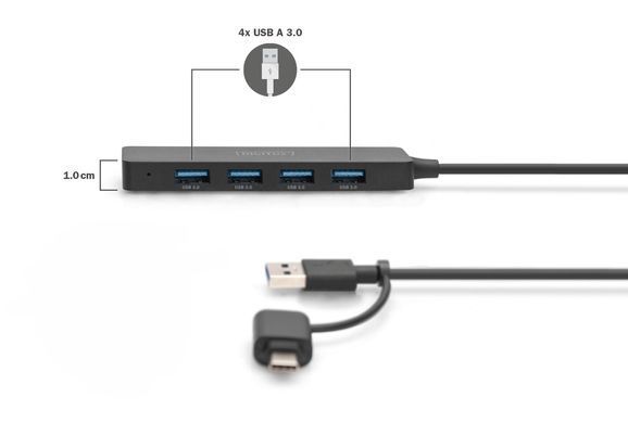 Digitus Хаб DIGITUS USB-A/C > 4хUSB-А, 0,2 м, активний (опція) DA-70235 фото