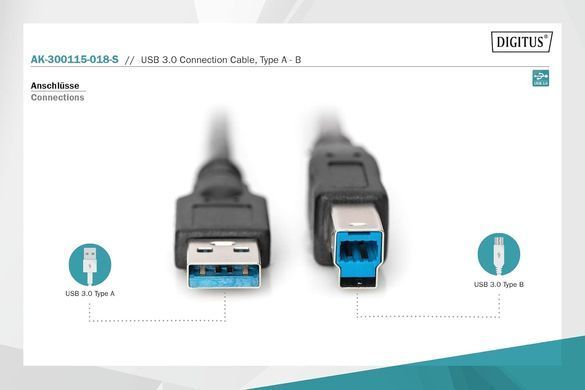 Digitus Кабель USB 3.0 (AM/BM) 1.8м, чорний AK-300115-018-S фото