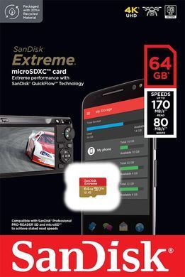 SanDisk Карта памяти microSD 64GB C10 UHS-I U3 R170/W80MB/s Extreme V30 SDSQXAH-064G-GN6MN фото