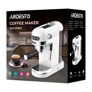 Кавоварка Ardesto ріжкова YCM-E1500, 1,4л, мелена, ручний капуч, підігрів чашок, білий YCM-E1500 фото
