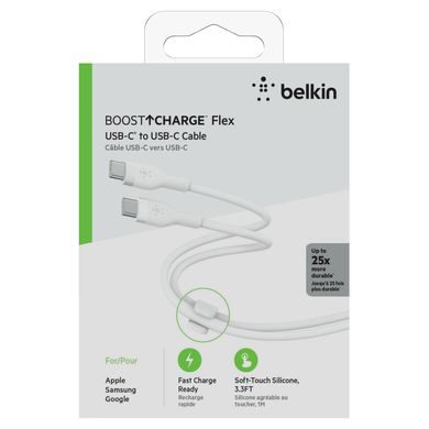Кабель Belkin USB-С - USB-C силіконовий, з кліпсою, 1м White CAB009BT1MWH фото