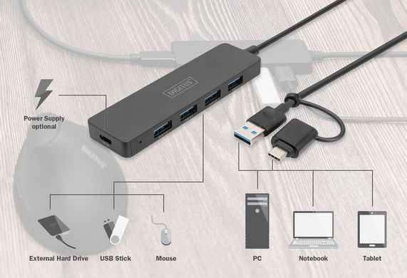 Digitus Хаб DIGITUS USB-A/C > 4хUSB-А, 1,2 м, активний (опція) DA-70236 фото