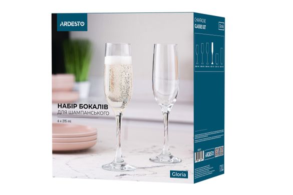 Набір бокалів для шампанського Ardesto Gloria 6 шт, 215 мл, скло AR2621GC фото