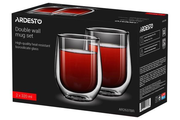 ARDESTO Набор чашек с двойными стенками, 320мл, 2шт, боросиликатное стекло, прозрачный AR2637BR фото