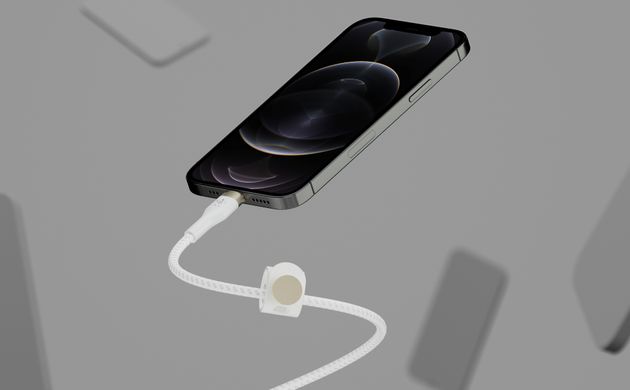 Кабель заряджання/синхронізації Belkin USB-С > Lightning, 1м, плетений, силіконовий, з ремінцем на магніті, білий CAA011BT1MWH фото