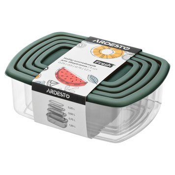 ARDESTO Набір контейнерів для зберігання харчових продуктів ARDESTO Fresh 0.25/0.5/0.75/1.2л, пластик, прямокутна, зелений AR1312G фото