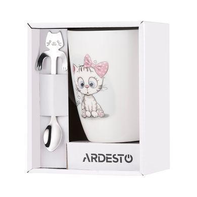 ARDESTO Чашка с ложкой Cute, 320мл, фарфор, нержавеющая сталь, белый AR3040BS фото