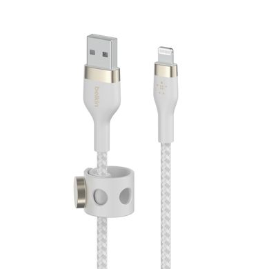 Кабель заряджання/синхронізації Belkin USB-A > Lightning, 1м, плетений, силіконовий, з ремінцем на магніті, білий CAA010BT1MWH фото