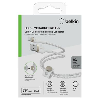 Кабель Belkin USB-A - Lightning витой, силиконовый, с ремешком на магните 1м White CAA010BT1MWH фото