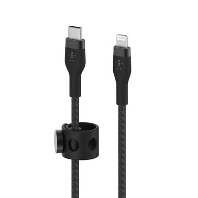 Кабель заряджання/синхронізації Belkin USB-С > Lightning, 1м, плетений, силіконовий, з ремінцем на магніті, чорний CAA011BT1MBK фото