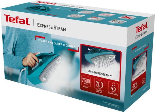Праска Tefal Express Steam, 2500Вт, 270мл, паровий удар -200гр, постійна пара - 45гр, керам. підошва, бірюзовий FV2867E0 фото