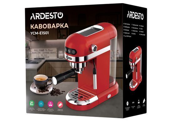 Кавоварка Ardesto ріжкова YCM-E1501, 1,4л, мелена, ручний капуч, підігрів чашок, червоний YCM-E1501 фото