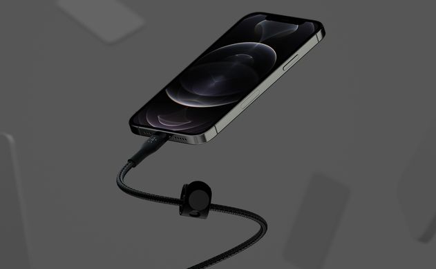 Кабель заряджання/синхронізації Belkin USB-С > Lightning, 1м, плетений, силіконовий, з ремінцем на магніті, чорний CAA011BT1MBK фото