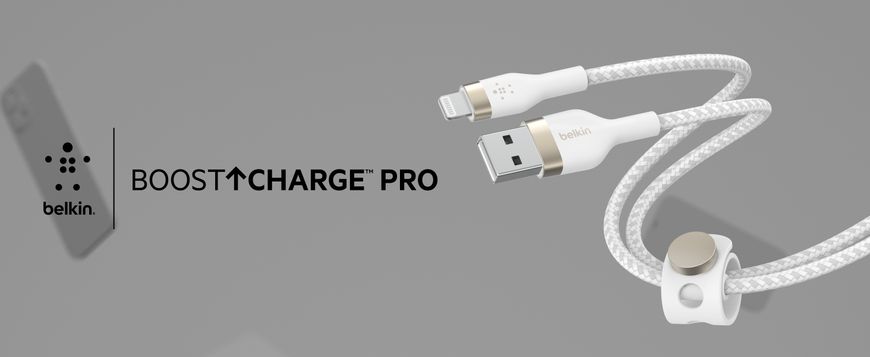 Кабель заряджання/синхронізації Belkin USB-A > Lightning, 1м, плетений, силіконовий, з ремінцем на магніті, білий CAA010BT1MWH фото