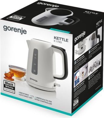 Gorenje Электрочайник 1.7л, Strix контроль, пластик, белый K17XG фото