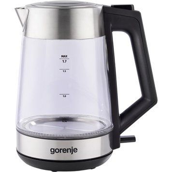 Gorenje Електрочайник 1.7л, 2,200 Вт, strix контроль, скло, нерж K17OGS фото