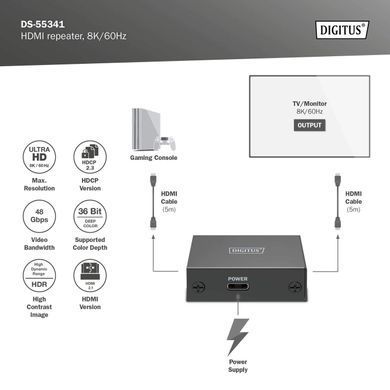 Digitus Повторитель HDMI, 8K/60 Гц (10 м 8K/60 Гц), (13 м 4K/60 Гц) DS-55341 фото