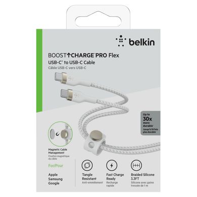 Кабель Belkin USB-С - USB-C плетений, силіконовий, з ремінцем на магніті, 1м White CAB011BT1MWH фото