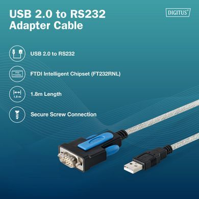 Digitus DIGITUS USB to DB9 RS232 cable with FT232RNL Chipset Transparent PVC Jacket, 1.8 m DA-70170 фото