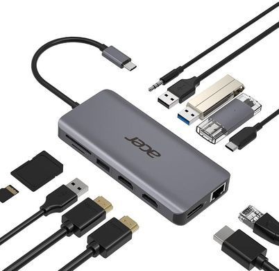 Acer Хаб USB-С > 2xUSB-A3.2/2xUSB-A2.0/SD/TF/2xHDMI/1xDP/1xRJ45/mini-jack, 0.15м, сірий HP.DSCAB.009 фото