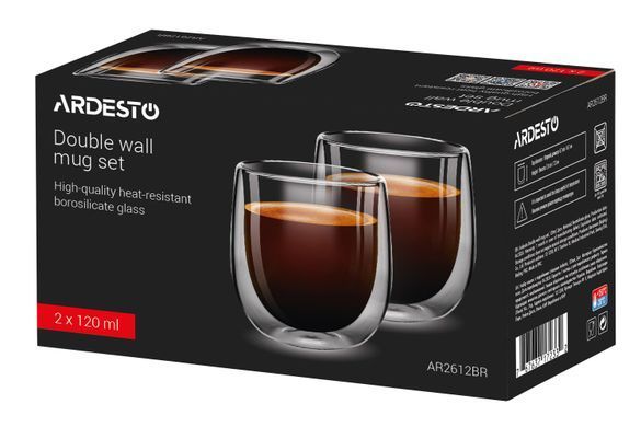 ARDESTO Набор чашек с двойными стенками для американо, 120 мл, H 7,5 см, 2 шт, боросиликатное стекло AR2612BR фото