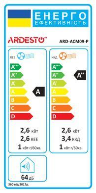 ARDESTO Кондиціонер мобільний CoolFlexPro 25м2 on/off 9000BTU 2.5кВт A/A++ R290 білий