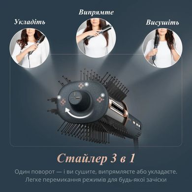Rowenta Фен-щітка Air Brush 3D, 1200Вт, 3 режими, іоніз-я, хол. обдув, функція фену, кераміка, чорно-золотий UB9720E0 фото